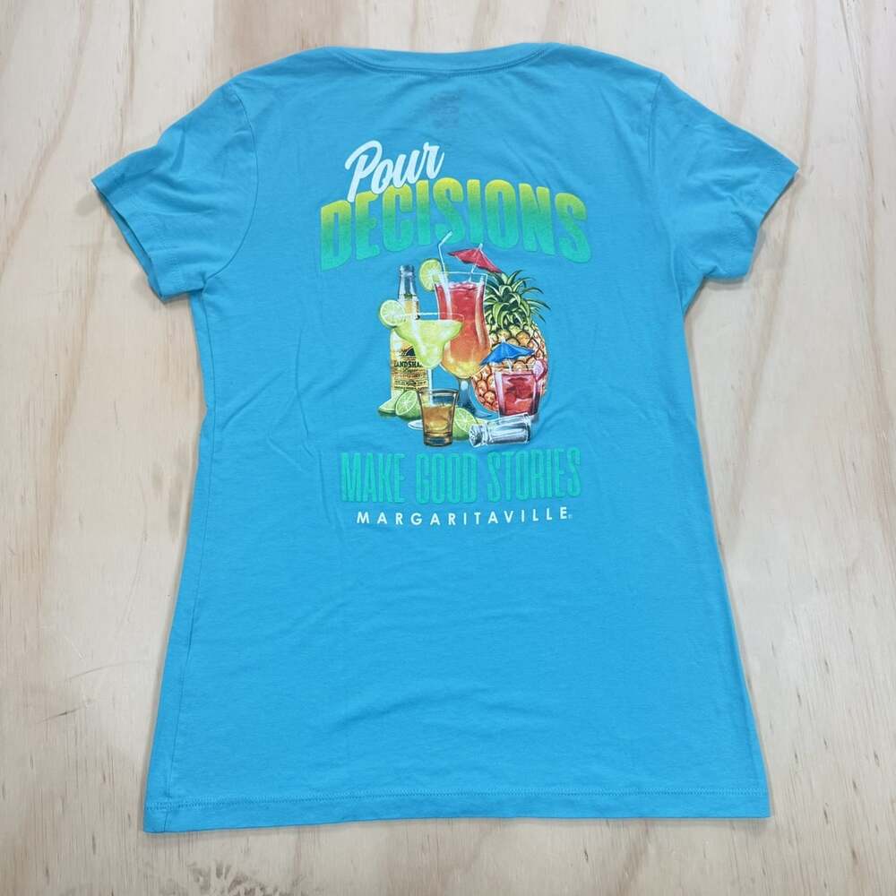 Margaritaville Orlando Wom Sz M Blue V-Neck T Shirt Pour Decisions Good Stories